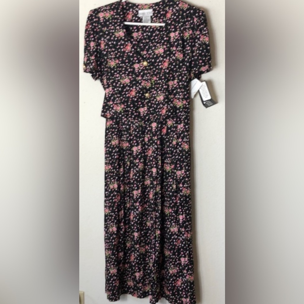 DONNA RICCO Floral cap Sleeve Tie Waist “faux” vest Midi Dress black-14 …